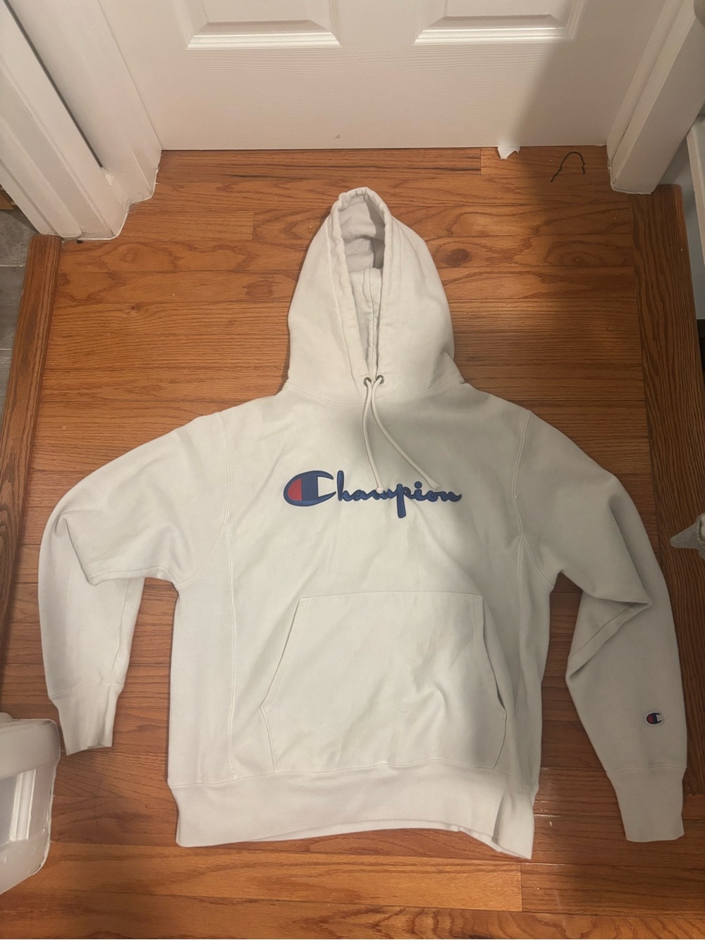 Champion White Hoodie with Blue & Red Logo